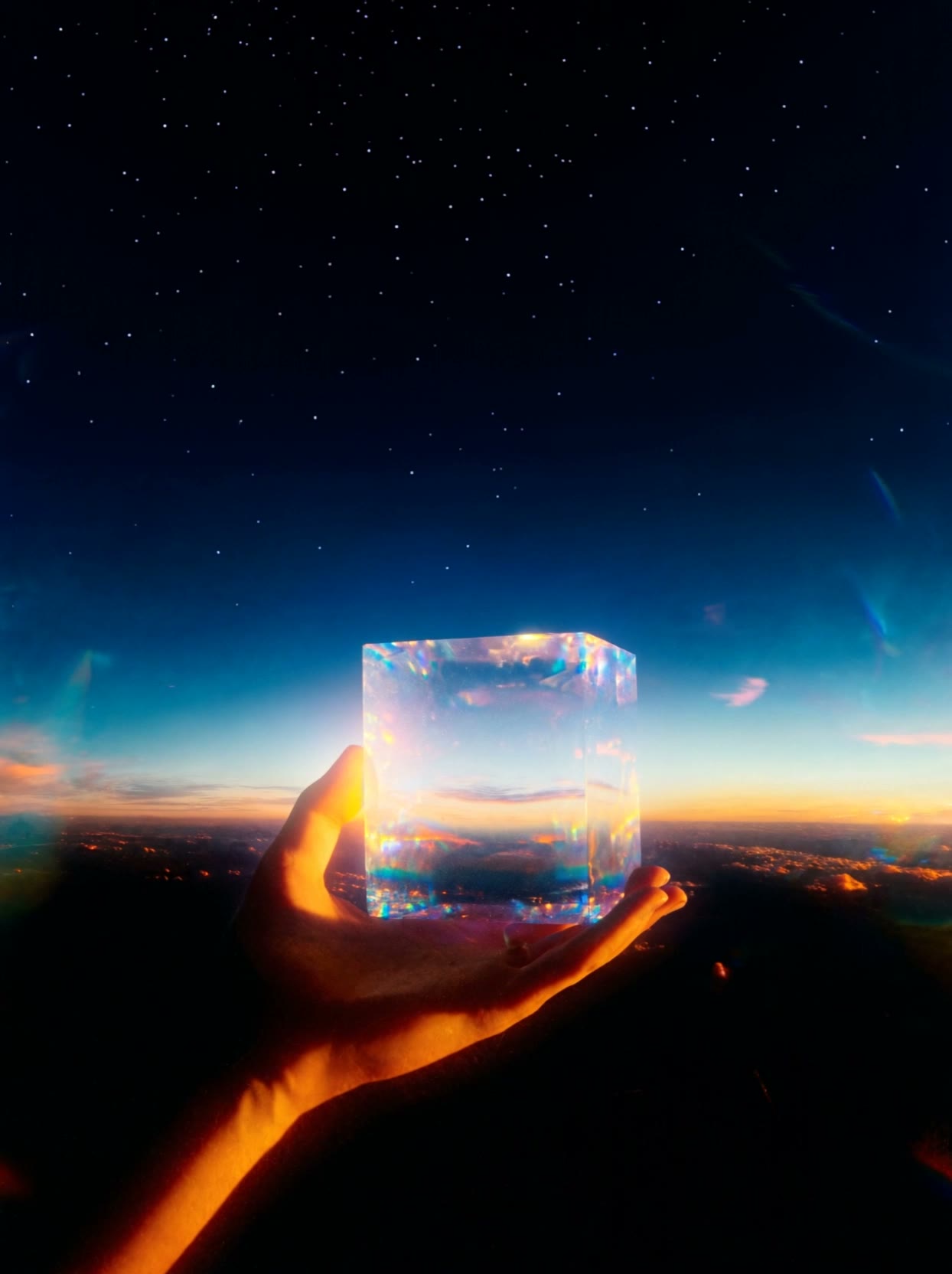 A hand holding a glowing glass cube against a starlit horizon